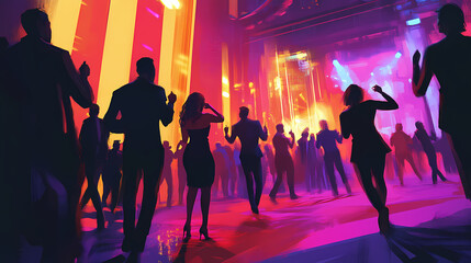 A slightly enlarged, high-definition image of a lively nightclub scene with people dancing energetically. Nightspire. Illustration