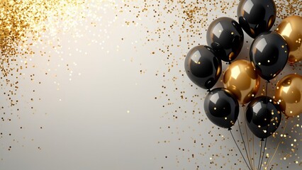 Obraz premium Elegant Black and Gold Balloons with Confetti Festive Party Background