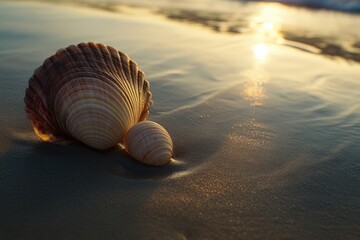 Seashells resting on the sand with a sunset reflected in the background