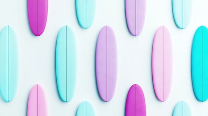   A lineup of surfboards in various hues—pink, blue, and green—rests atop a white surface