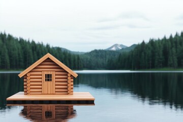 Fototapeta premium A serene wooden cabin on a lake surrounded by lush trees. Happy Sunday Life Concept.