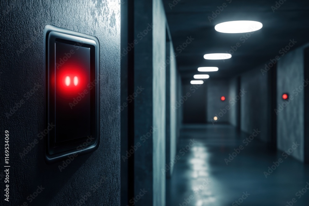 Aufkleber dimly lit hallway with illuminated switch and circular lights overhead in a modern building