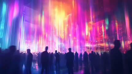 Abstract vibrant nightclub interior with colorful lights and blurred crowd creating a dreamy and energetic atmosphere. Nightspire. Illustration
