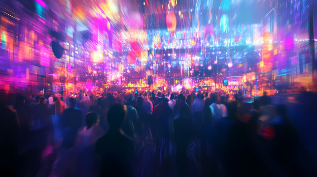 Abstract vibrant nightclub interior with colorful lights and blurred crowd creating a dreamy and energetic atmosphere. Nightspire. Illustration