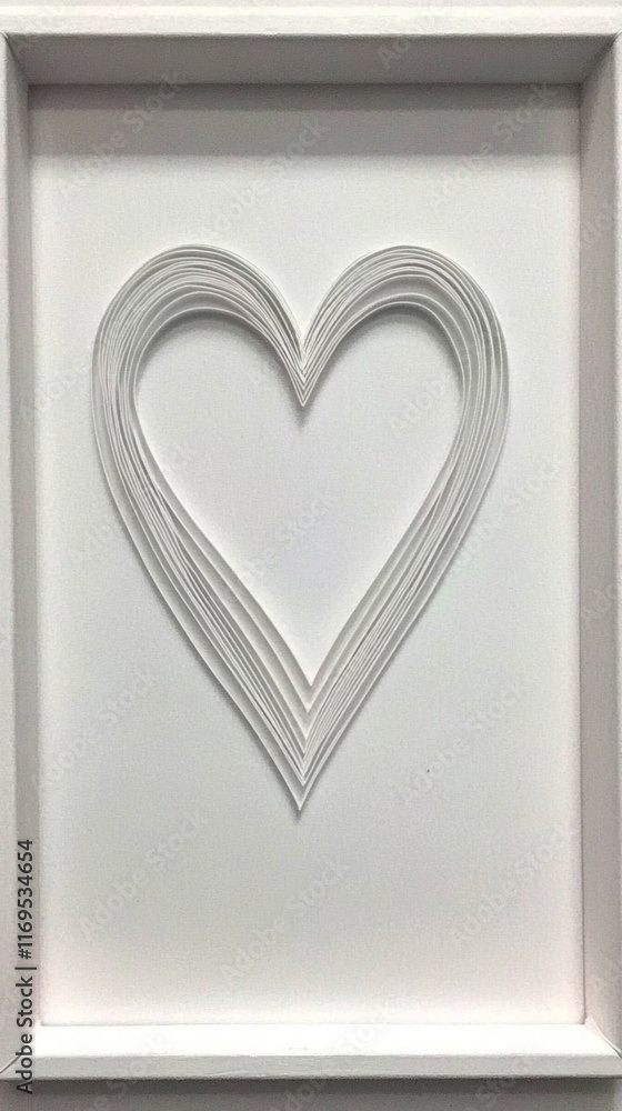 Poster minimalist design featuring a central heart outline in a white frame with thin black borders created