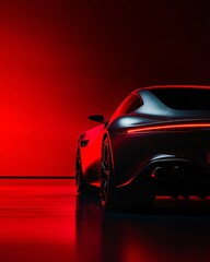 sleek black sports car with red background