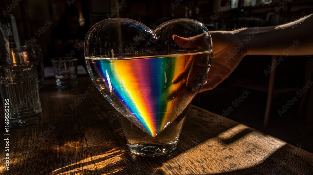 Poster light reflections create vibrant rainbow patterns through a glass heart on a wooden table in a cozy 