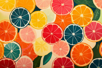 A bunch of sliced oranges and lemons on a green background