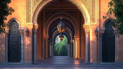 The image showcases a digitally rendered illustration of an ornate mosque entrance.  The visual elements consist of a series of receding horseshoe