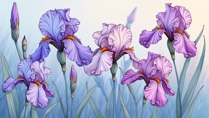 Elegant Purple Irises Floral Art Print Botanical Illustration