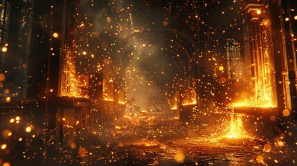 Fototapeta premium Blacksmith shaping metal in a forge with glowing sparks flying in the air