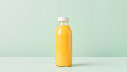 Fresh orange juice in glass bottle against mint backdrop, healthy hydration, mockup