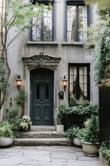 The entryway exudes elegance, adorned with vibrant greenery and enchanting lighting, all set in a tranquil urban environment during the soft hues of late afternoon