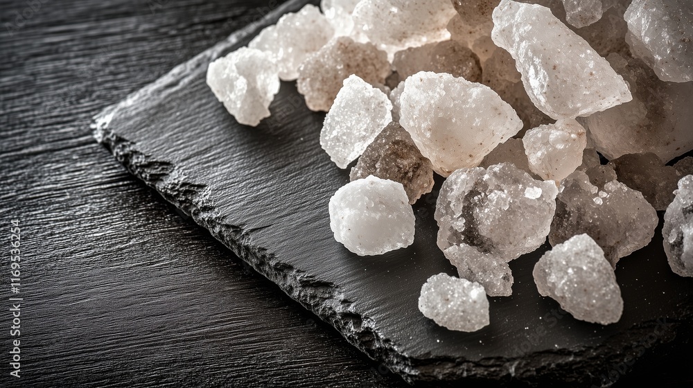 Poster rock salt crystals on a dark slate plate, highlighted by high contrast lighting that accentuates the