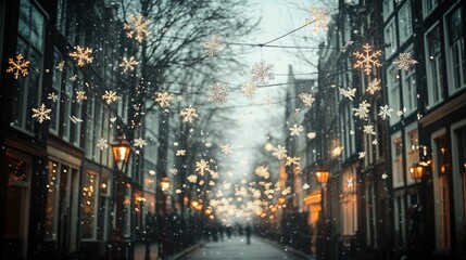 Fototapeta premium Snowy Christmas Street in Europe, Magical Winter Night