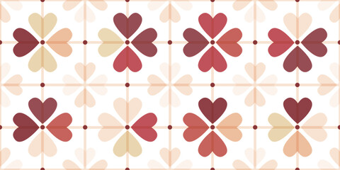 Hearts flowers tile pattern. Pink and red heart shape petals seamless vector print. Spring girly background. 