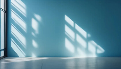 Obraz premium Lights and shadows on blue wall. Minimalist concept with lights and shadows from window on turquise wall in an empty room.