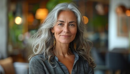 Obraz premium Confident Senior Woman with Gray Hair in a Cafe