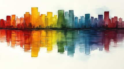 Obraz premium Rainbow cityscape reflected in water.
