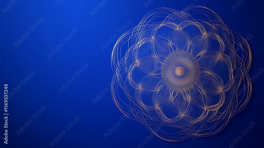 Poster sophisticated digital artwork with intricate line work and subtle metallic accents, set on a solid r