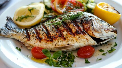 Grilled fish, vegetables, lemon, herbs, plated meal.