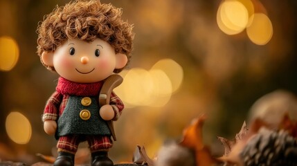 Fototapeta premium Cute toy figurine in autumn setting with bokeh lights National Colin Day