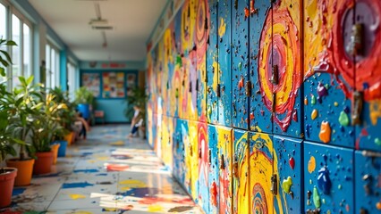 Vibrant Colorful School Hallway Lockers Art