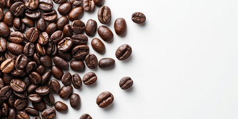 Obraz premium Scattered coffee beans create an inviting texture on a clean white surface