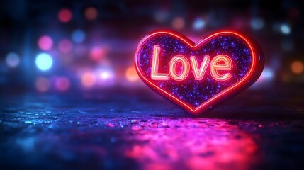 Neon Heart with the Word Love Glowing on a Reflective Urban Street Background