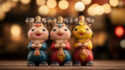 Fototapeta premium Three cute animal figurines with bright costumes and festive background Chinese New Year