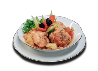 Chef's plated healty cauliflower dish with potatoes and carrots Turkish cuisine, white background