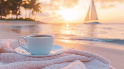 A cup of coffee on the ocean beach with a beautiful sunset and sailboat in the background, summer travel and vacation.