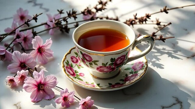 Elegant tea cup with cherry blossoms: Spring afternoon tea concept featuring floral porcelain, fragrant brew, and delicate pink flowers on white background 