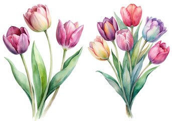 Fototapeta premium Colorful watercolor tulips, vibrant floral arrangement, botanical illustration, spring flowers, nature-inspired art.