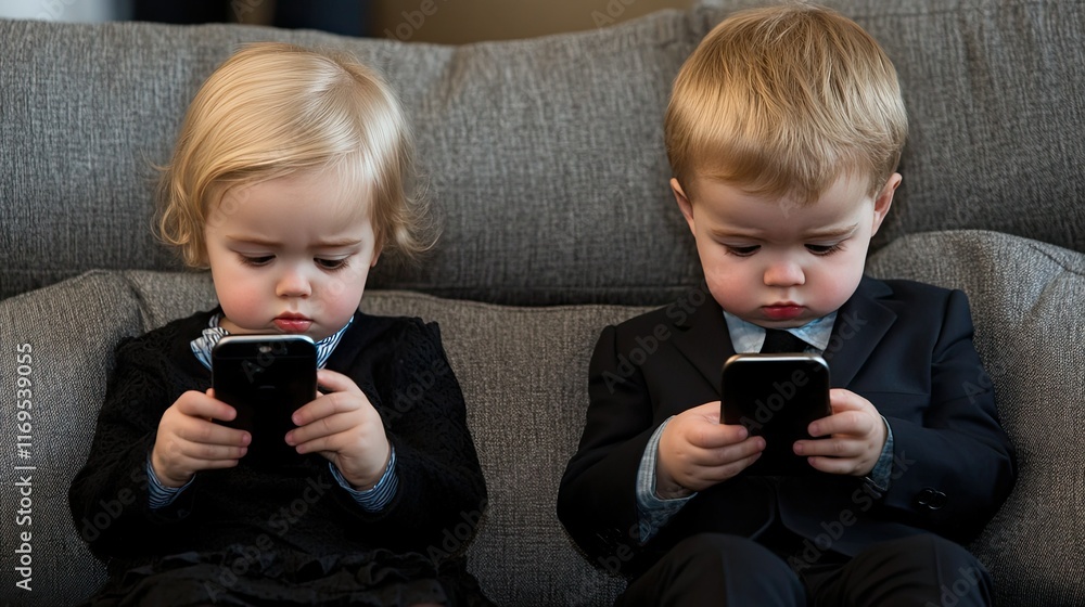 Poster two children are engaged and sharing excitement while using a smartphone on a comfortable sofa in a 