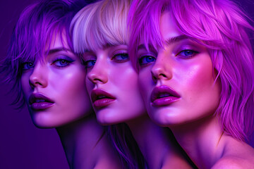 Naklejka premium Three women with pink hair and blue eyes in a purple background