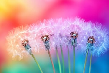 Dandelion flowers in a pastel rainbow of colors on a colorful background. A beautiful spring nature.