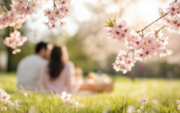 A couple an outdoor picnic in the park, surrounded by blooming cherry blossoms, spring and romantic atmosphere.
