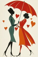 Couple under heart-shaped umbrella in vibrant colors enjoying a romantic moment in a retro cartoon style from the 1950s
