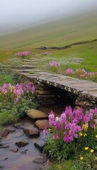 Obraz premium Stone path crosses a stream, wildflowers blooming on misty hillside.