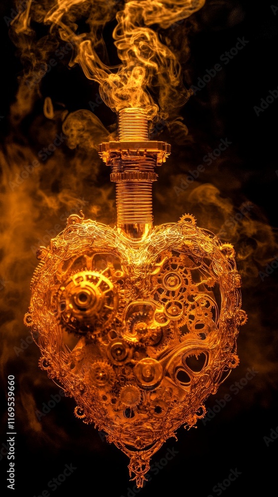 Poster mechanical heart constructed from golden gears and cogs amid a dark steampunk-inspired background wi