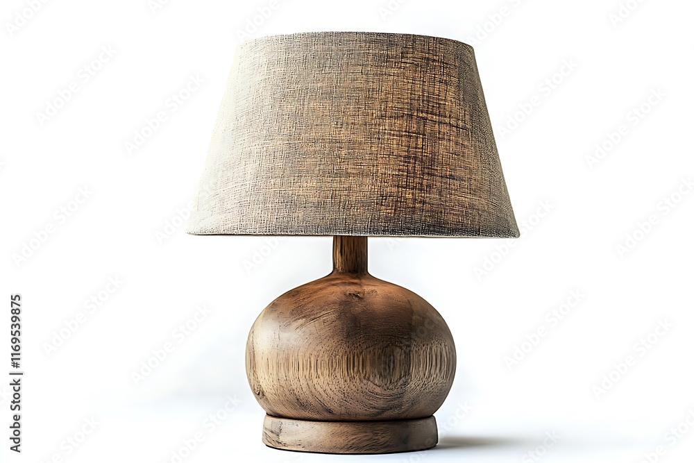 Poster a wooden table lamp with a round base and a textured fabric shade.