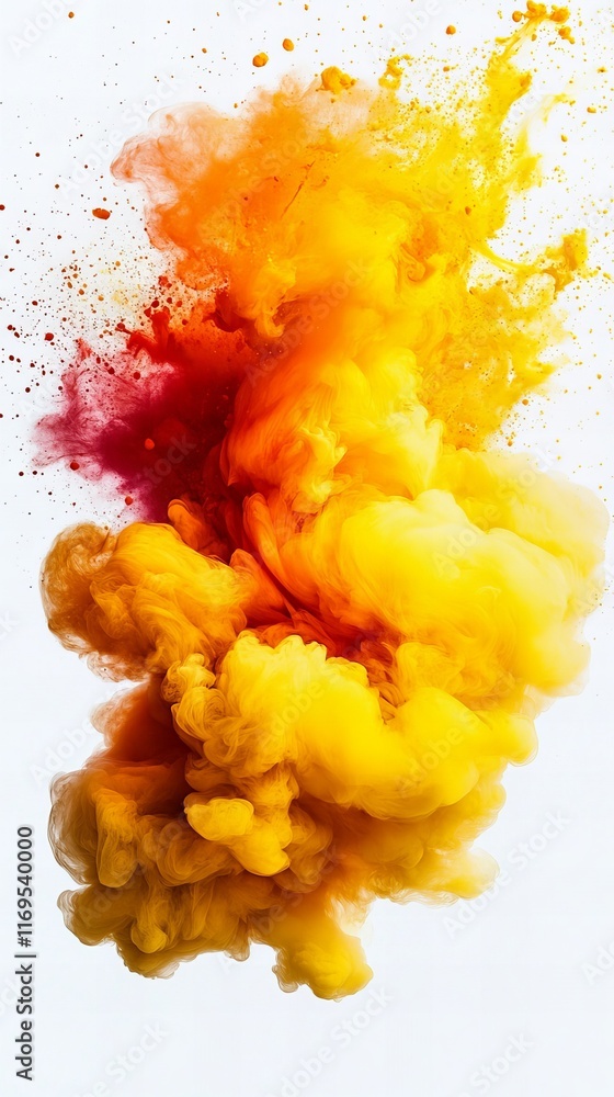 Poster abstract image of vibrant yellow and red ink swirling in water, creating a dynamic and colorful expl