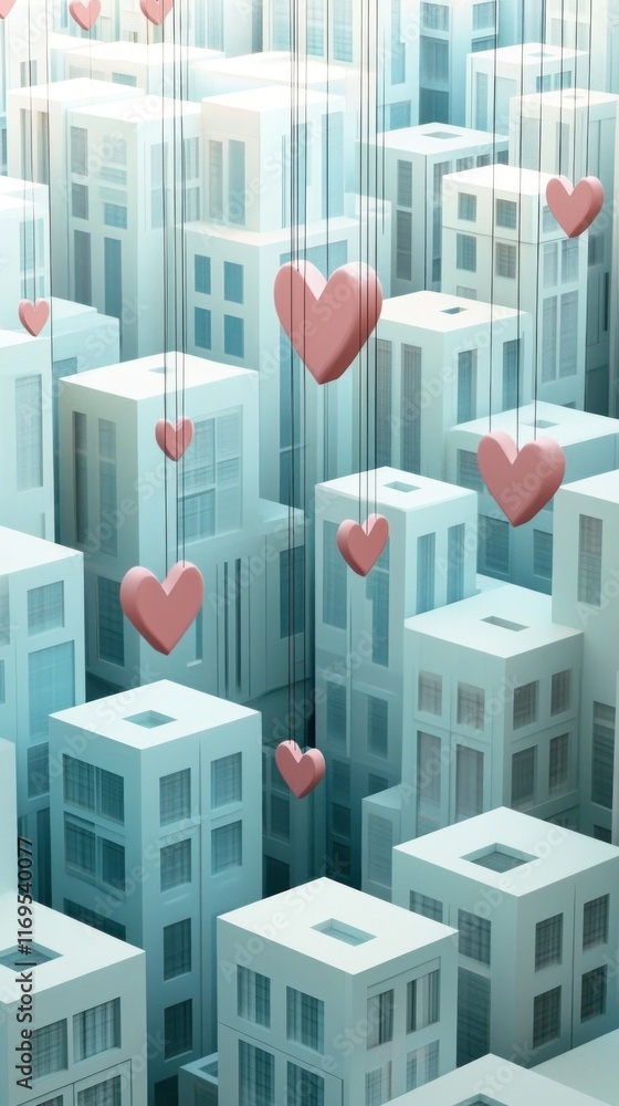 Aufkleber hanging heart-shaped figures create a whimsical atmosphere above a modern abstract cityscape filled 