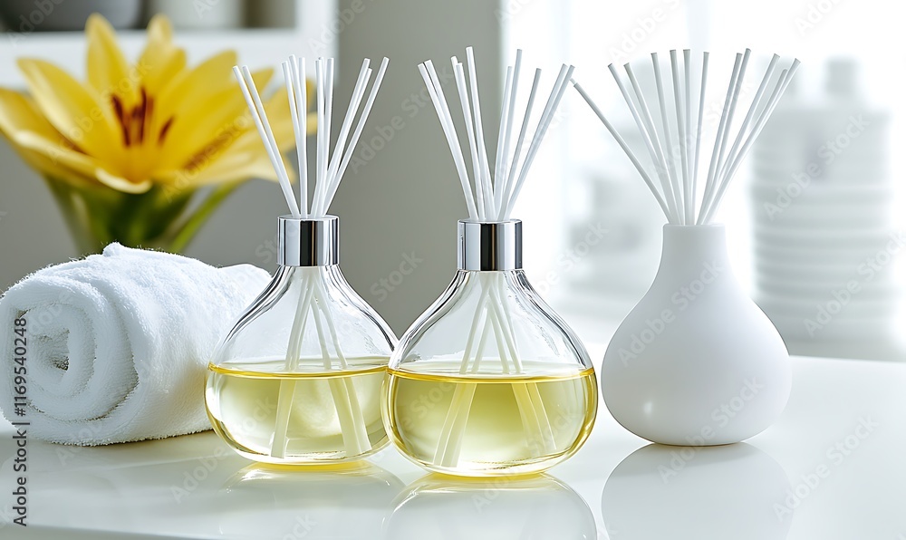 Poster Elegant aroma diffusers with reeds and a towel in a serene setting.