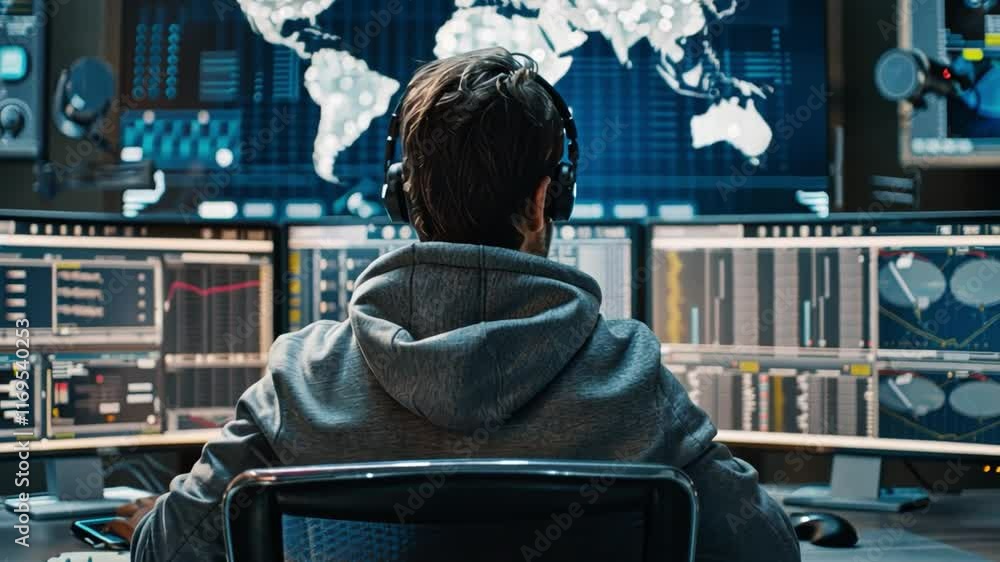 Aufkleber A lone professional wearing headphones analyzes various data sets displayed on multiple large screens.