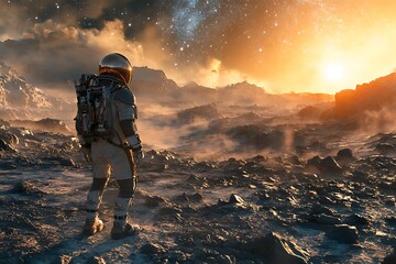 Astronaut exploring a rocky alien landscape under a starry sky at sunset.