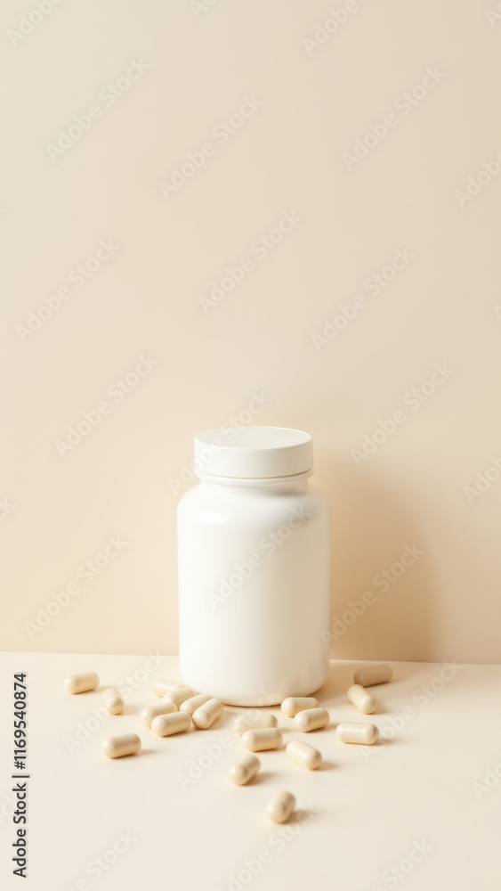 Poster magnesium glycinate dietary supplements displayed with two bottles and scattered capsules on a gradi