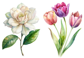 Beautiful watercolor flowers, elegant floral design, vibrant tulips, soft white rose, botanical illustration, nature art.
