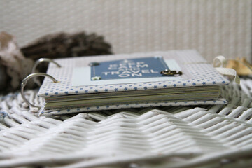 Scrapbooking handmade textile photo album, selective focus